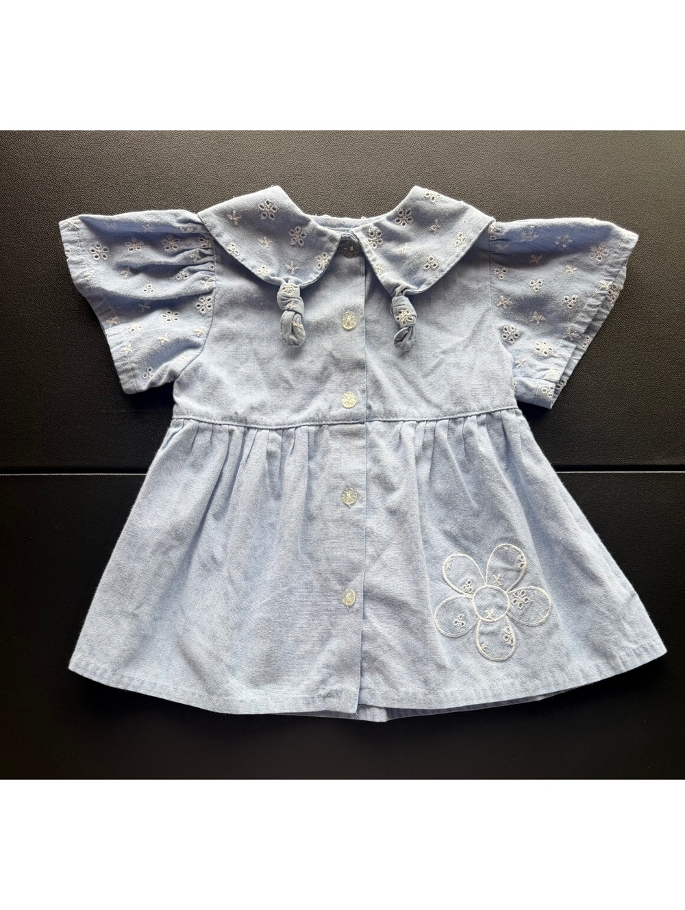 Vintage 80s Mayfair Baby Girl Dress 12M Blue Eyelet Peter Pan Collar Floral